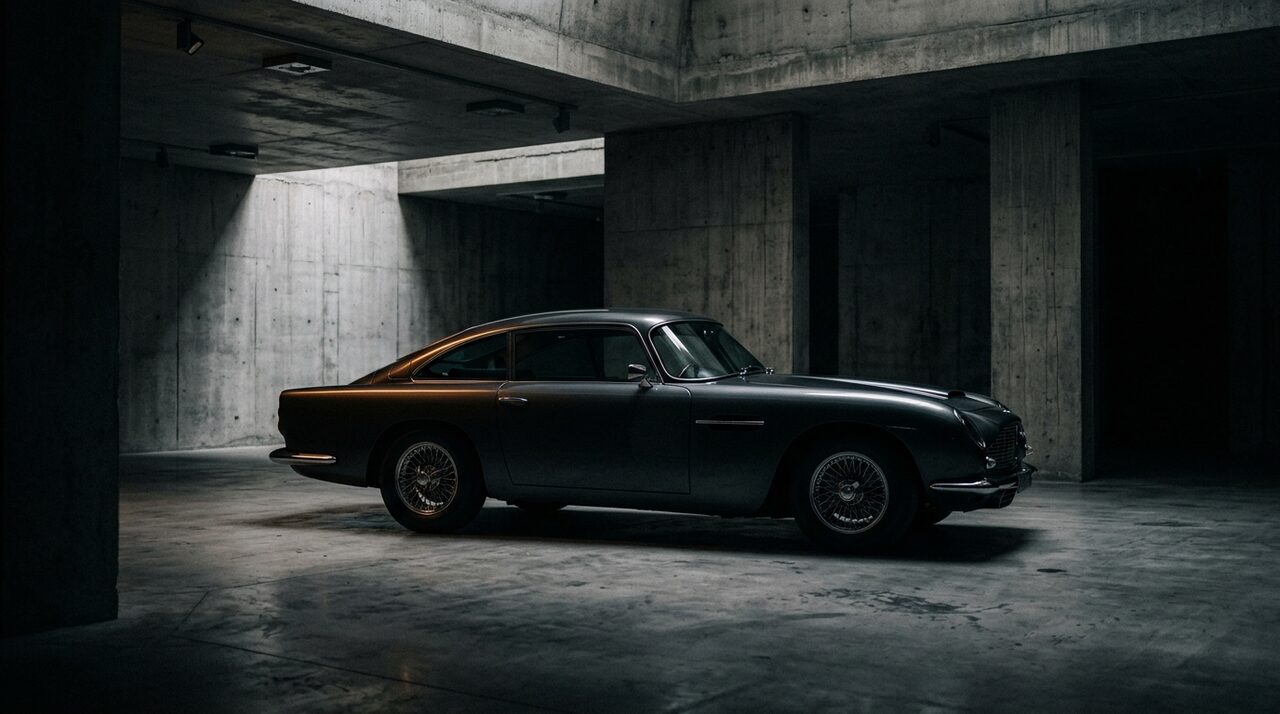 Dark graphite classic-modern GT coupe profiled in a minimalist architectural concrete gallery with warm tungsten rim lighting