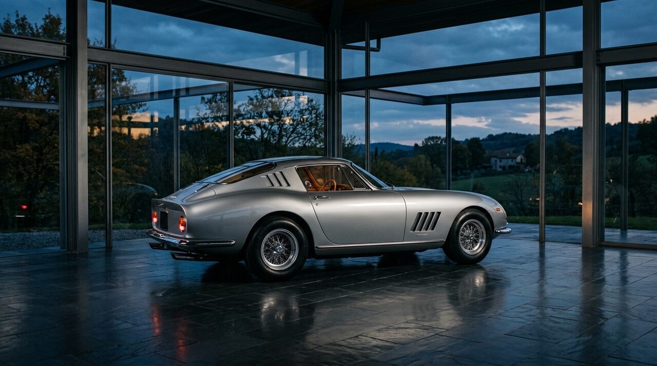 Liquid-silver European collector sports car parked inside a quiet architectural pavilion at twilight