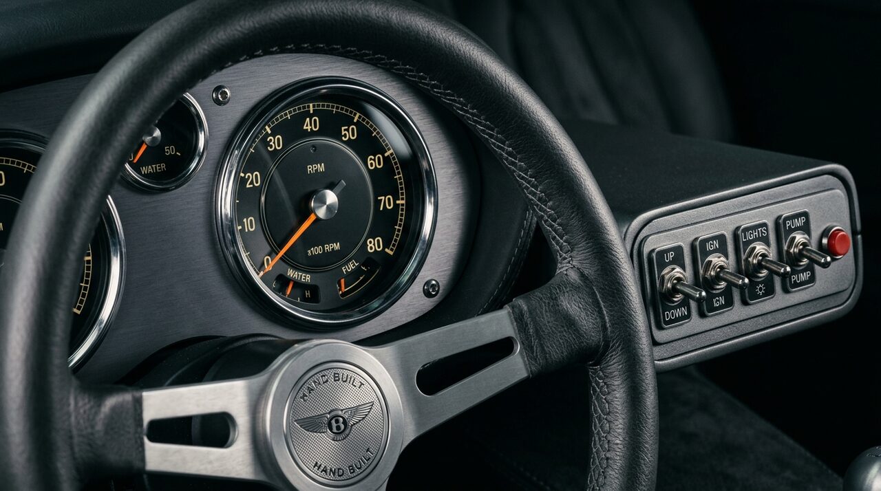 Macro editorial detail of a bespoke hand-stitched charcoal leather steering wheel, brushed aluminum analog gauges, and mechanical toggle switches