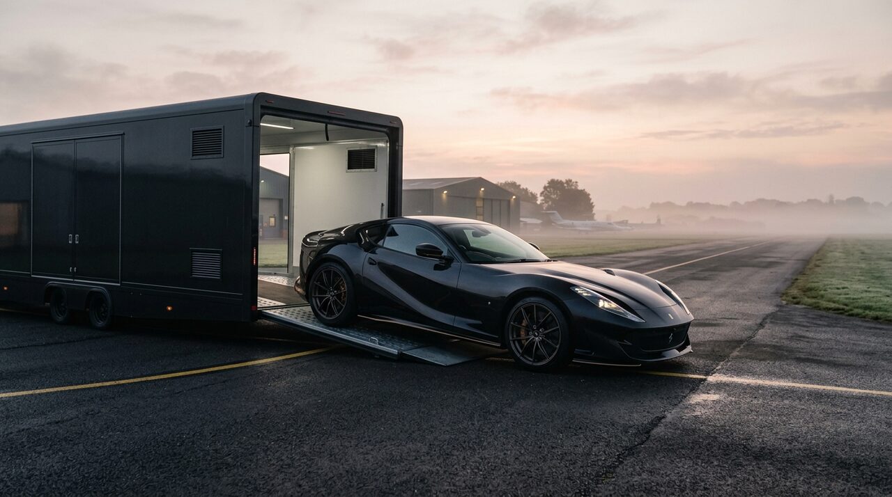 Dark obsidian bespoke grand tourer emerging from an enclosed private transport trailer at a secluded airfield at dawn
